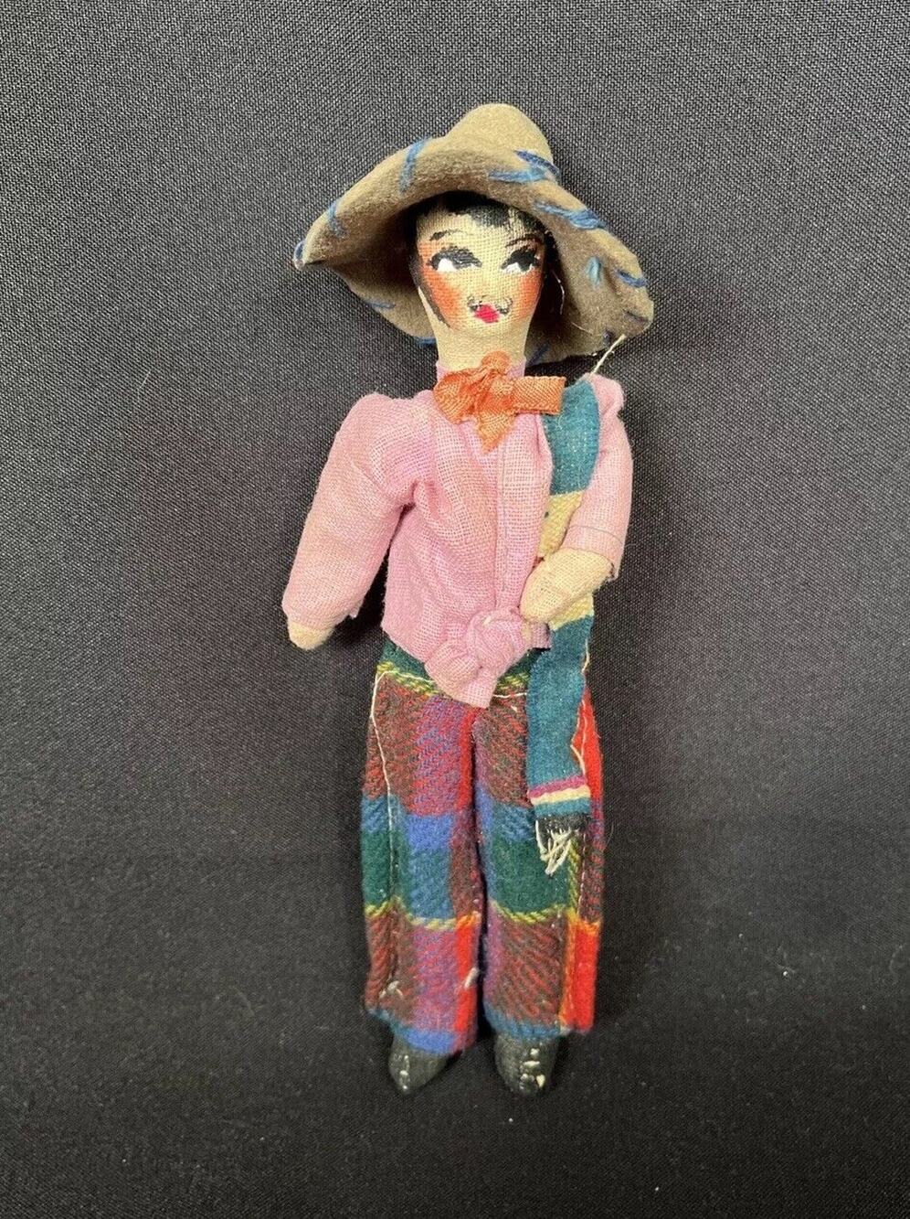 Vintage Folk Art Cloth Mexican Man 9” Doll Pink Shirt, Plaid Pants, Sombrero